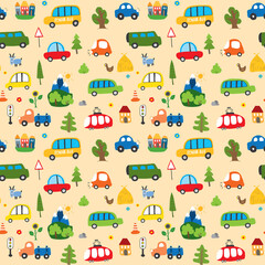 Cute Cars Seamless Pattern, Cartoon transportation Doodles Background, vector Illustration