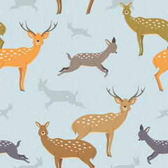 Naklejka premium MYOW make your own world - lovely pattern - cute animals tender deer in different poses on a light blue colored background in a vector pattern