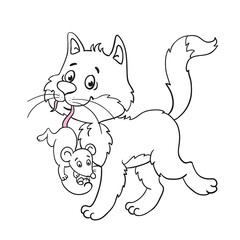A  cute cat goes with a mouse in his mouth. Black and white outline picture in cartoon style. For coloring book. Isolated on white background. Vector illustration.