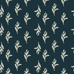 Little white doodle foliage print seamless pattern. Botanic flora backdrop with dark navy blue background.