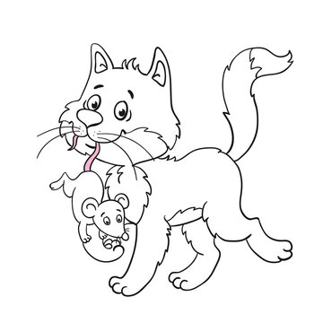 A  cute cat goes with a mouse in his mouth. Black and white outline picture in cartoon style. For coloring book. Isolated on white background. Vector illustration.