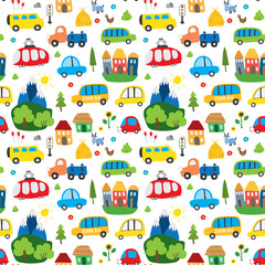 Cute Cars Seamless Pattern, Cartoon transportation Doodles Background, vector Illustration