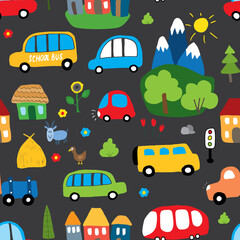 Cute Cars Seamless Pattern, Cartoon transportation Doodles Background, vector Illustration