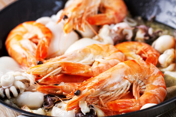 Seafood Preparation in a Pan. High quality photo.