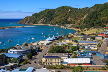 The coastal town of Whakatane in the Bay of Plenty, New Zealand. Many small leisure craft are in...