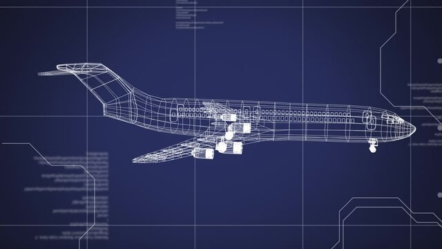 Animation of white glowing 3d plane drawing with data processing on blue background