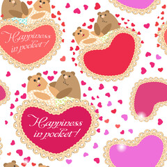 Seamless texture, repetitive pattern. Easter and Valentine's Day.Cute animals.A postcard. A pair of bears in love. Hearts and lots of pink hearts. Packaging, wallpaper, fabrics, family holiday.