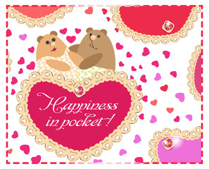 Happiness is in your pocket. Valentine's Day.Cute animals.A postcard. A pair of bears in love. Family, lovers, father and mother, husband and wife, spouses. Hearts and lots of pink hearts.