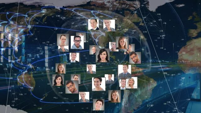 Animation of globe of network of connections with people's photos and data processing
