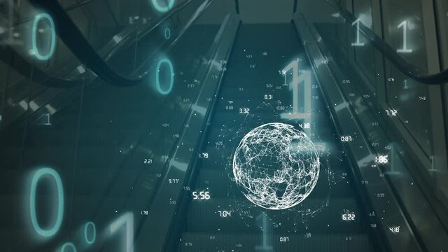 Animation of globe of network of connections and binary coding data processing