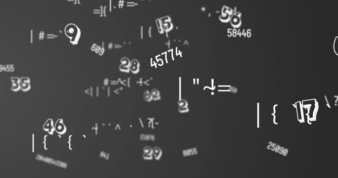 Digital animation of changing numbers and symbols against multiple numbers floating on grey backgrou
