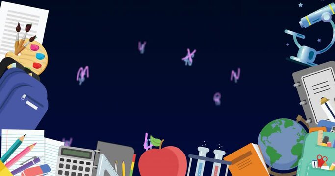 Digital animation of school concept icons against multiple numbers and alphabets floating against bl