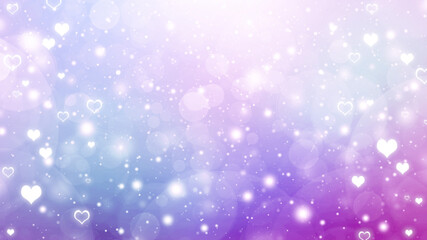 Blue, purple and white blurred gradient bokeh background with circles and hearts. Soft Valentines day background