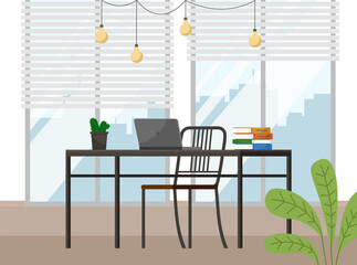 Modern workplace flat design. Office chair and office desk with a laptop in cozy room interior. Furniture and equipment for the workplace of an employee or office worker, light vector interior