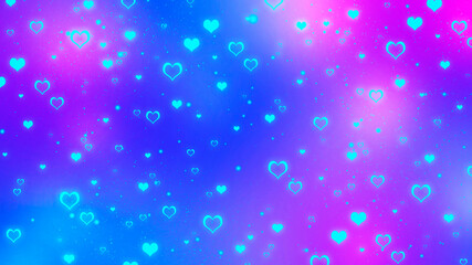 Abstract blurred blue and purple gradient background with glowing turquoise hearts. Vivid Valentines day background