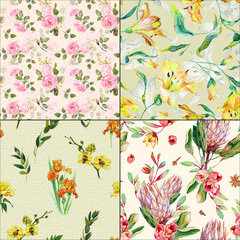 Seamless floral background  Pink protea, rose, yellow lily, iris pattern