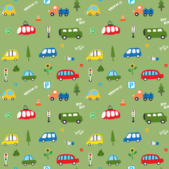 Cute Cars Seamless Pattern, Cartoon transportation Doodles Background, vector Illustration