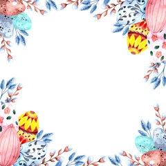 Watercolor square frame with colorful Easter eggs and willow twigs for Easter on a white background, Happy Easter - illustration for holidays, packaging, postcard template