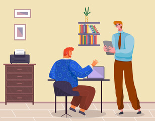 Office staff, work and communication. Head and subordinates. Various workers, managers team. Top managers employees of different levels. Office workers. Co-workers. Colleagues discuss project teamwork