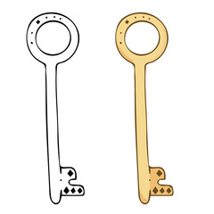Round golden key. Vector doodle illustration isolated on white background