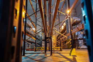 Warehouse premises of a factory or workshop with metal shelves.