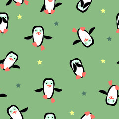 Pattern with penguins and stars on a green background