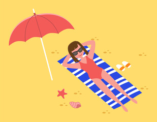 Tropical landscape with tanned girl sunbathing in seashore, enjoying sun. Woman in glasses and swimsuit lies in the sand. Travel to beach resorts during hot season, sand island, vacation by the ocean