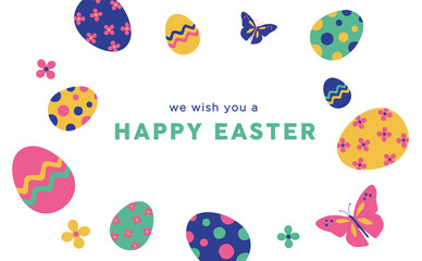 Colorful Happy Easter greeting card with eggs, butterflys and text	