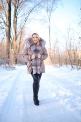 Obraz premium a beautiful girl in a fur coat stands in a winter park holding her collar