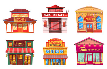 Six isolated buildings, traditional world cuisines restaurants and cafes. Vector facade exterior design illustration. Cafeterias with chinese and japanese, indian and french, mexican and thai food