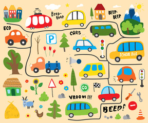 Cars Cartoon Set. Cute transport Doodles collection, vector illustration