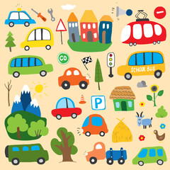 Cars Cartoon Set. Cute transport Doodles collection, vector illustration