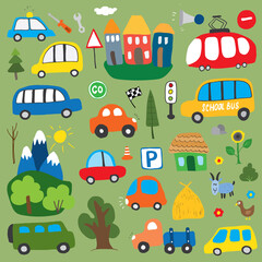 Naklejka premium Cars Cartoon Set. Cute transport Doodles collection, vector illustration