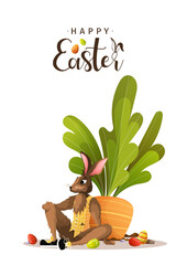 Happy Easter card design with rabbit, carrot and decorated easter eggs. A4 vector illustration for poster, banner, card, postcard.