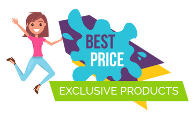 Young smiling stylish girl rejoice a promo action. Best price, exclusive products. Promotional poster or banner for shops. Sale products, discount offer. Proposal to save money. Economy concept