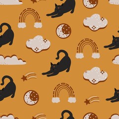 Seamless pattern with cute colorful Kittens, rainbows and clouds. Creative baby yellow texture. Great for fabric, textile vector illustration