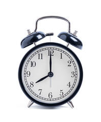 Closeup retro black alarm clock isolated on white background with clipping path, top view