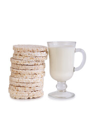 Glass and a bottle of milk and bread. Isolated object on white background