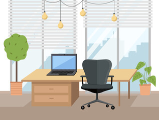 Empty office workplace interior design. Business objects, vector elements and equipment. Modern office with furniture laptop on the table, chairs, potted plant. Panoramic window with city view