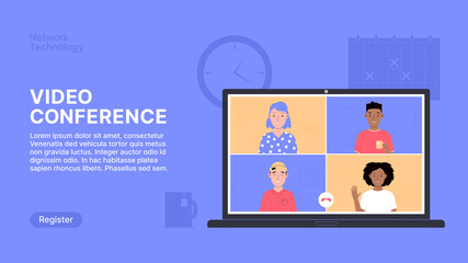 Video Conference. People Talking Online. Computer Monitor with App Interface for Online Communication. People Stay at Home. Online Meeting Friends. Vector Illustration