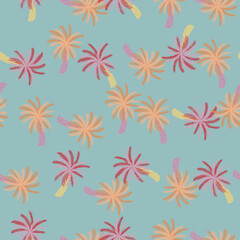 Decorative seamless pattern with cartoon pink and orange palm trees. Blue background. Creative artwork.