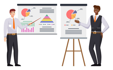 Businessman makes a presentation of a statistical report doing digital analysis charts. Planning business concept. Teamwork consulting for project management, financial reporting and strategy