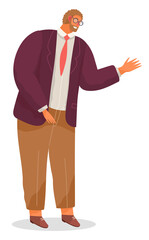 Serious man, chief, bearded businessman dressed formally standing at full height raised bent arm on white. Businessperson director, male character in glasses in formal clothes office worker or boss