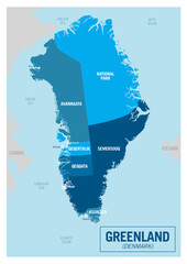 Greenland, Denmark country island political map. Detailed vector illustration with isolated states, regions, islands and cities easy to ungroup. 