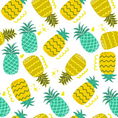 Seamless pattern of hand drawn pineapple, cute and fun, modern flat illustration. Nursery design.