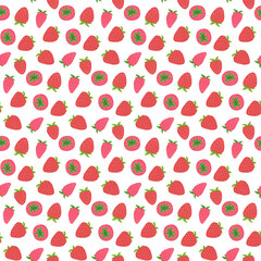 Seamless repeating pattern of strawberries with leaves.Colored red-green image on a white background. Doodle.