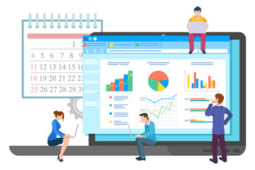 Business meeting or working process. Office workers standing and sitting near big screen with laptops. Business people man and woman talking communication, discuss presentation graph and chart