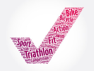 Triathlon check mark word cloud, sport concept background
