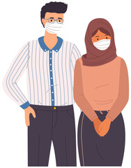 Male character and arabian woman are wearing protective medical masks. People stand together and pose, vector illustration isolated on white background. Multinational people on self-isolation
