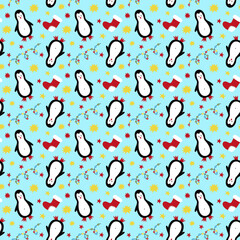 Christmas seamless pattern with cute simple hand drawn illustrations in flat style on light blue background.